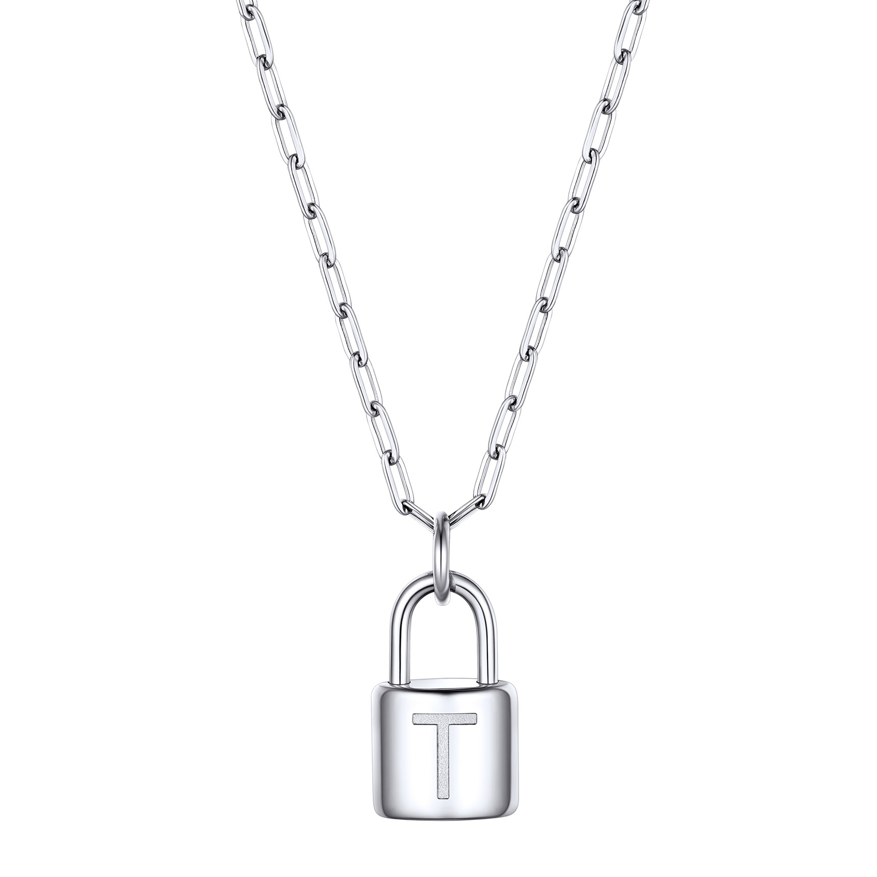 Lock Initial Necklace for Women Stainless Steel Paperclip Chain Padlock