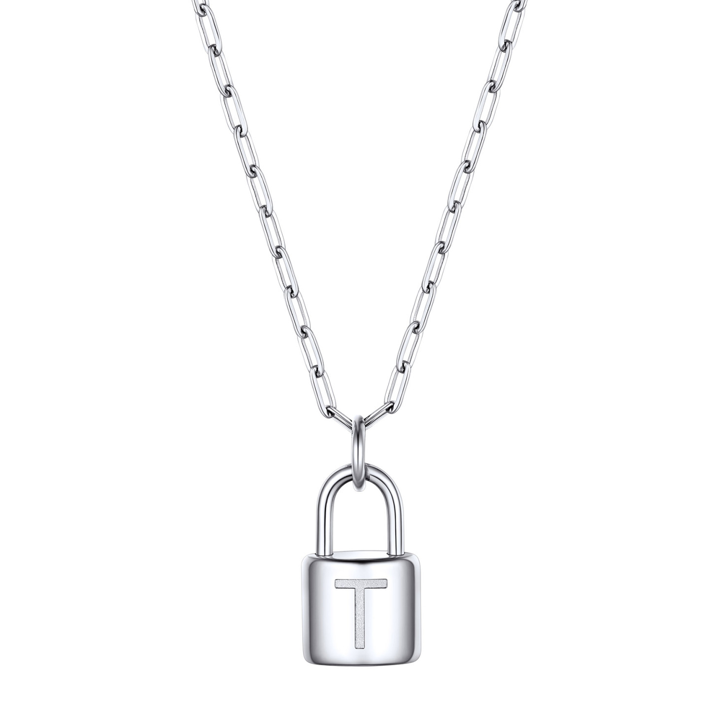 Lock Initial Necklace for Women Stainless Steel Paperclip Chain Padlock