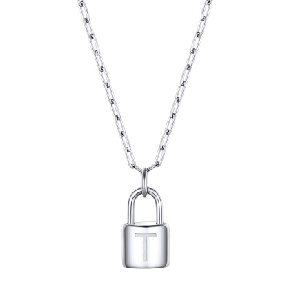Lock Initial Necklace for Women Stainless Steel Paperclip Chain Padlock