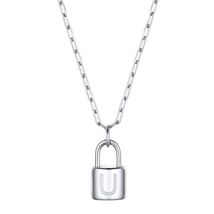 Lock Initial Necklace for Women Stainless Steel Paperclip Chain Padlock
