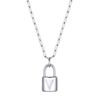 Lock Initial Necklace for Women Stainless Steel Paperclip Chain Padlock