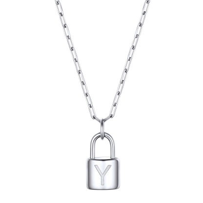 Lock Initial Necklace for Women Stainless Steel Paperclip Chain Padlock