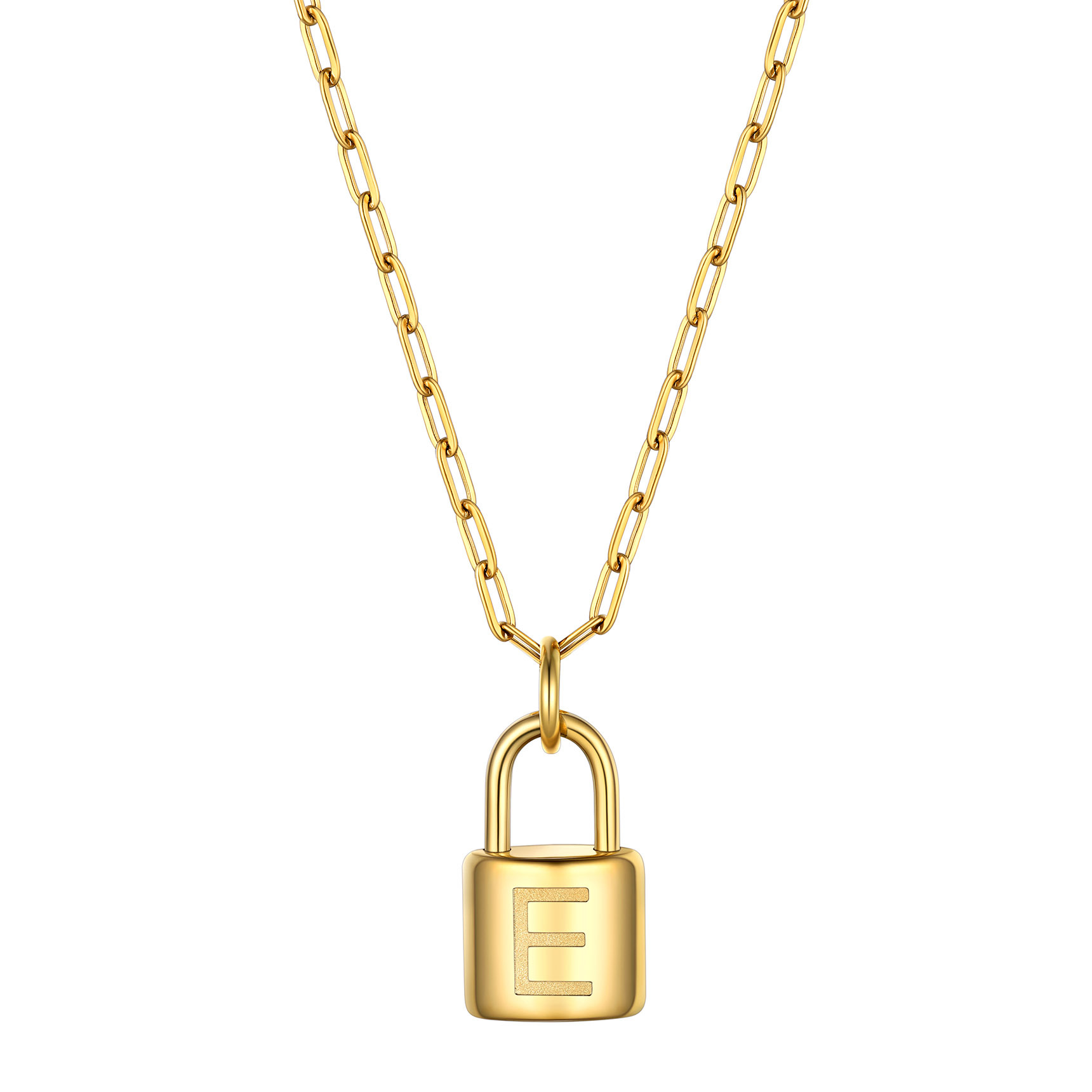Lock Initial Necklace for Women Stainless Steel Paperclip Chain Padlock