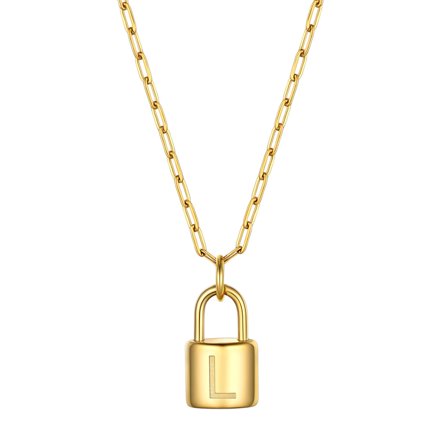 Lock Initial Necklace for Women Stainless Steel Paperclip Chain Padlock