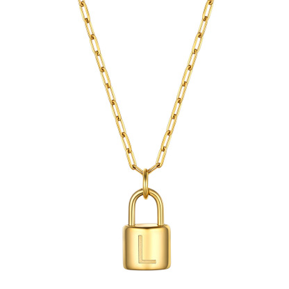 Lock Initial Necklace for Women Stainless Steel Paperclip Chain Padlock