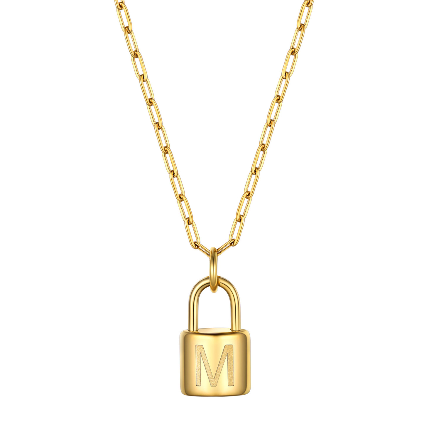 Lock Initial Necklace for Women Stainless Steel Paperclip Chain Padlock