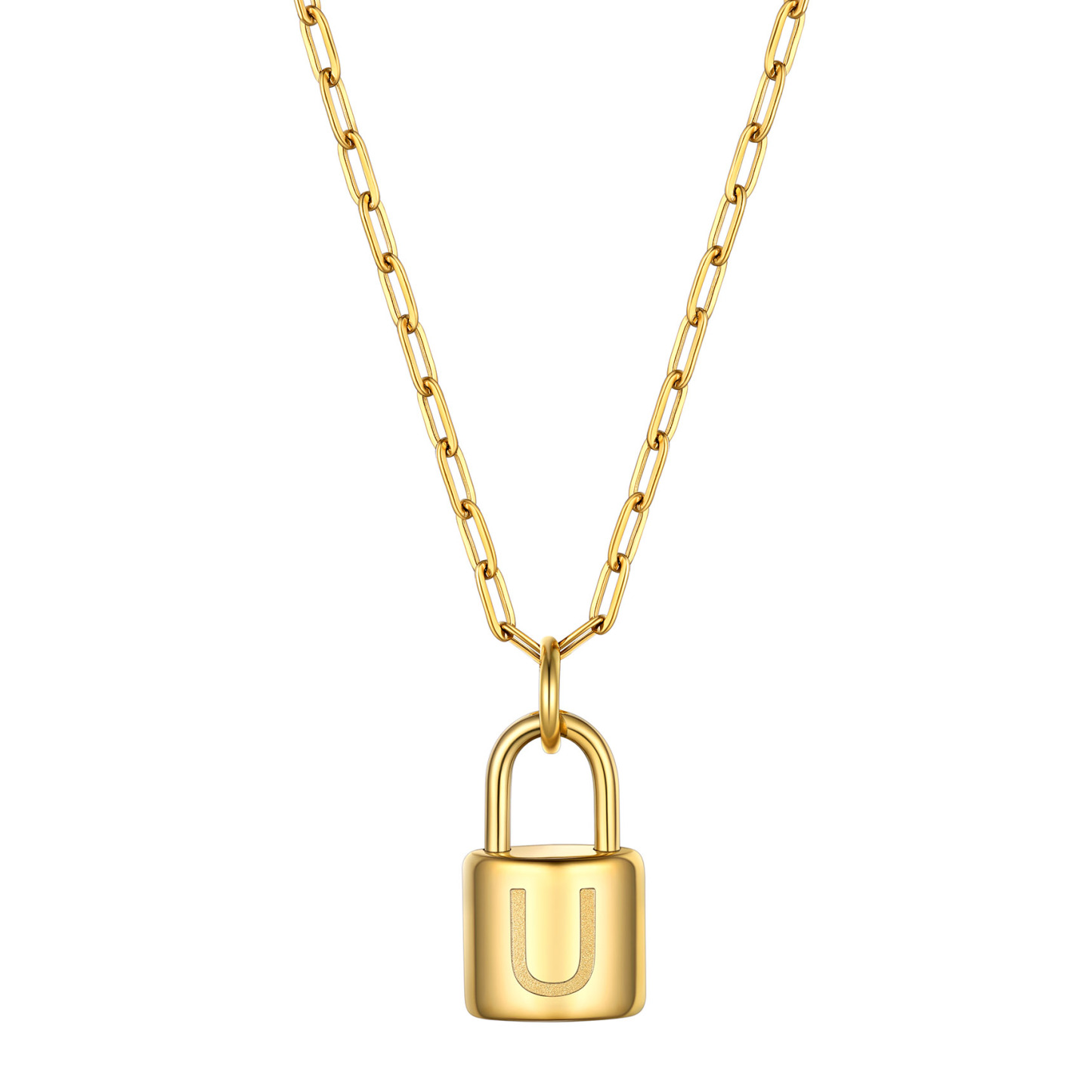 Lock Initial Necklace for Women Stainless Steel Paperclip Chain Padlock