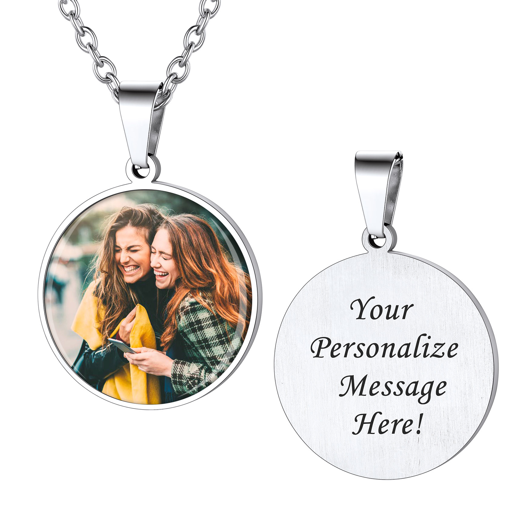 Personalized Photo Engraved Round Pendant Necklace for Men Women silver
