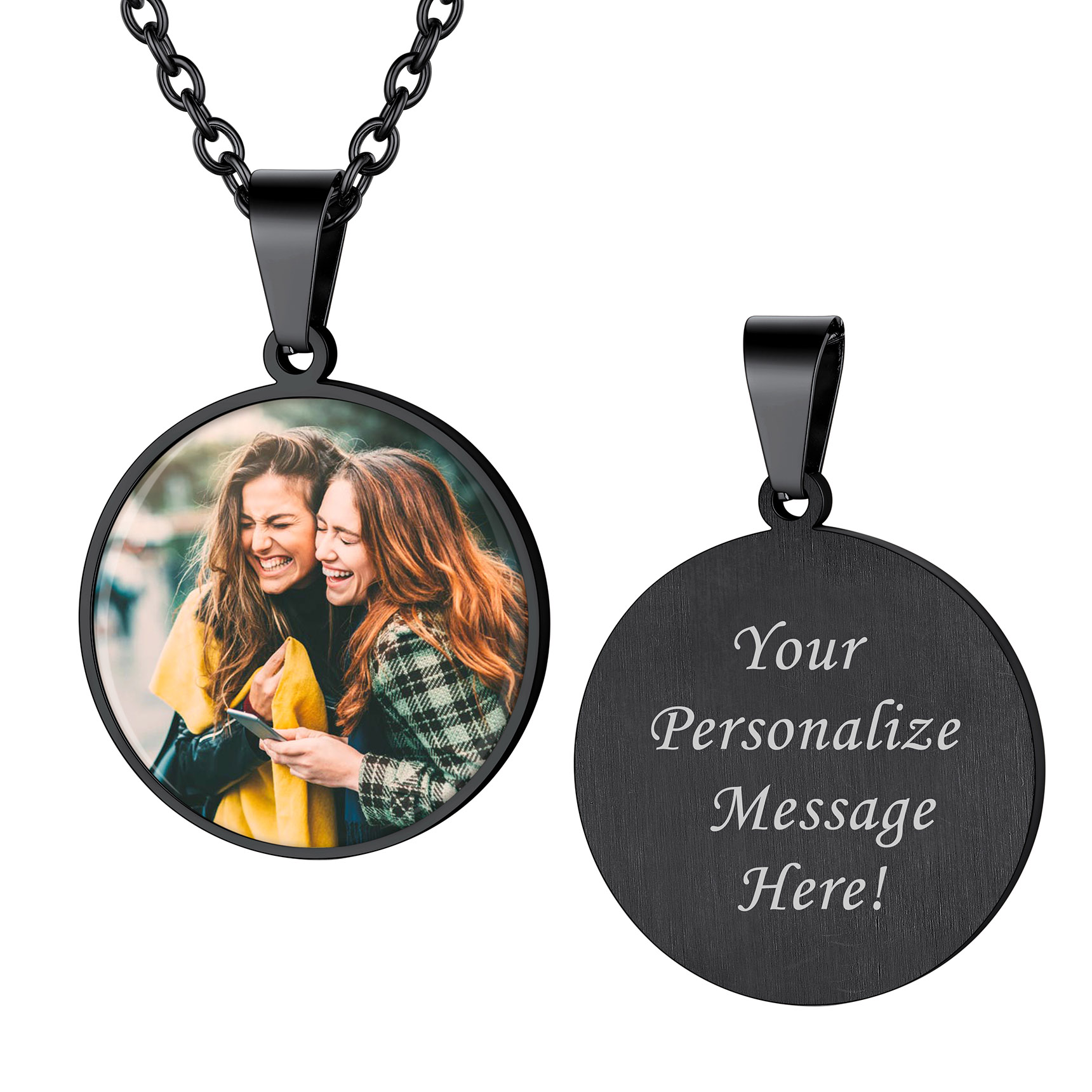 Personalized Photo Engraved Round Pendant Necklace for Men Women black