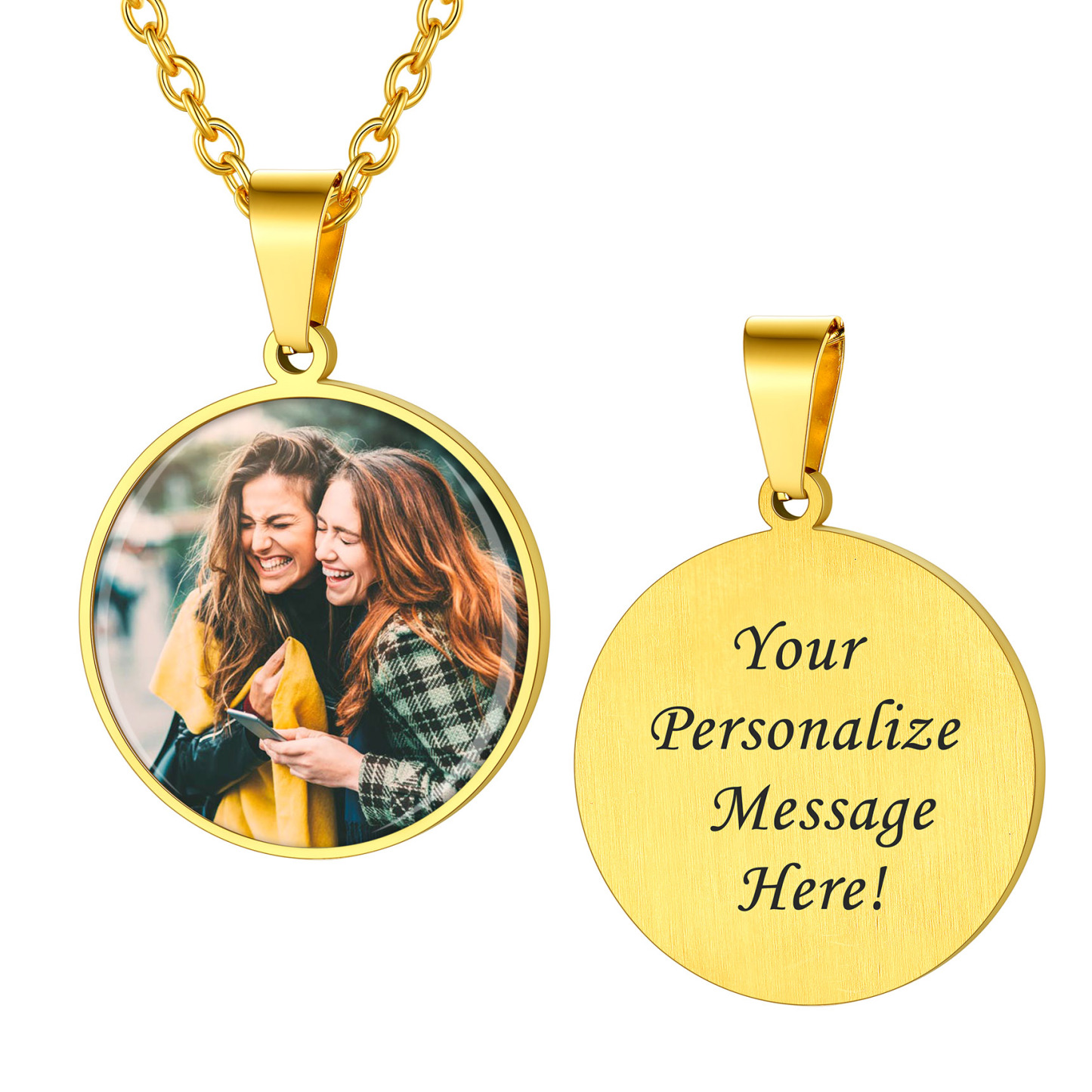 Personalized Photo Engraved Round Pendant Necklace for Men Women gold
