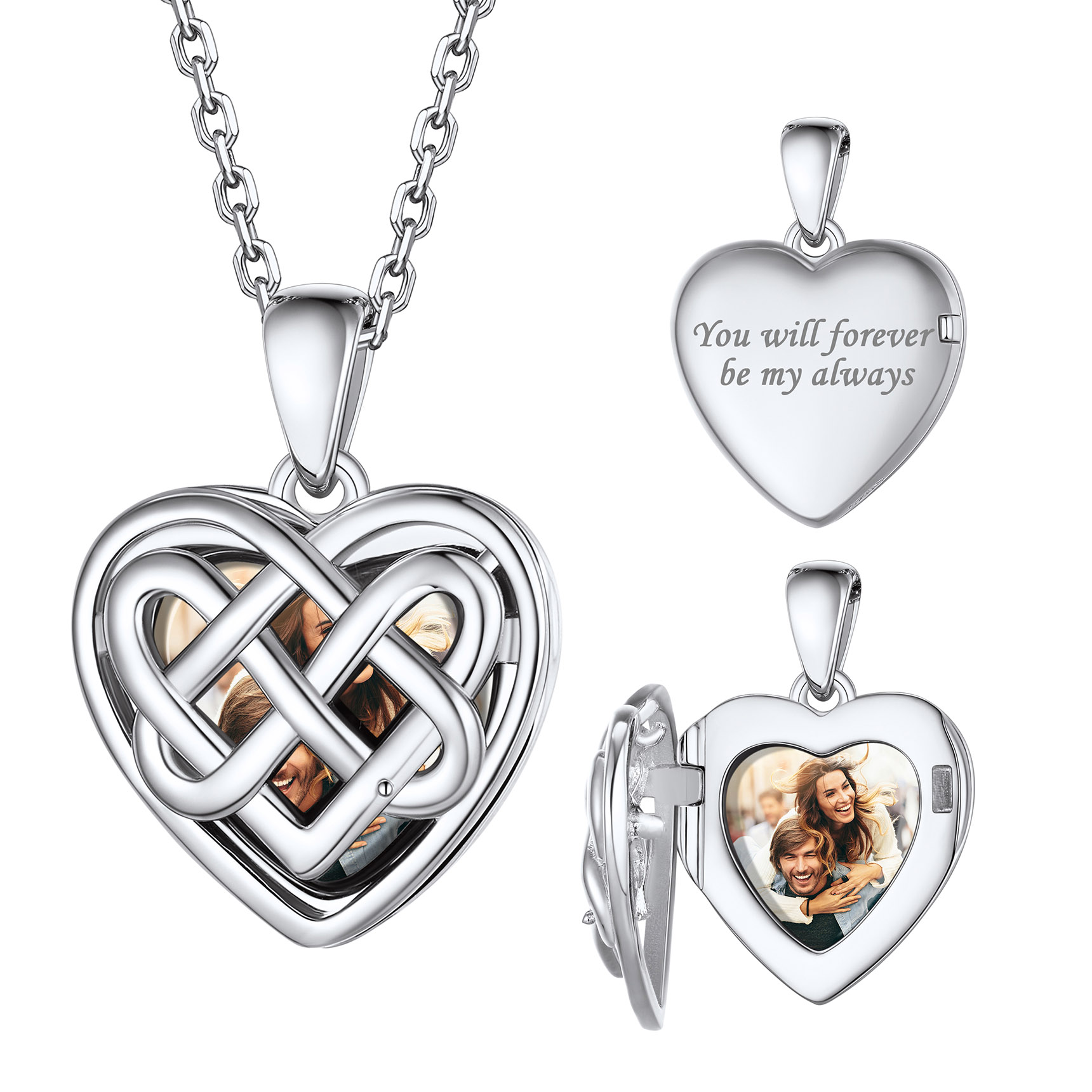  Custom Photo Celtic Heart Locket Necklace for Women silver