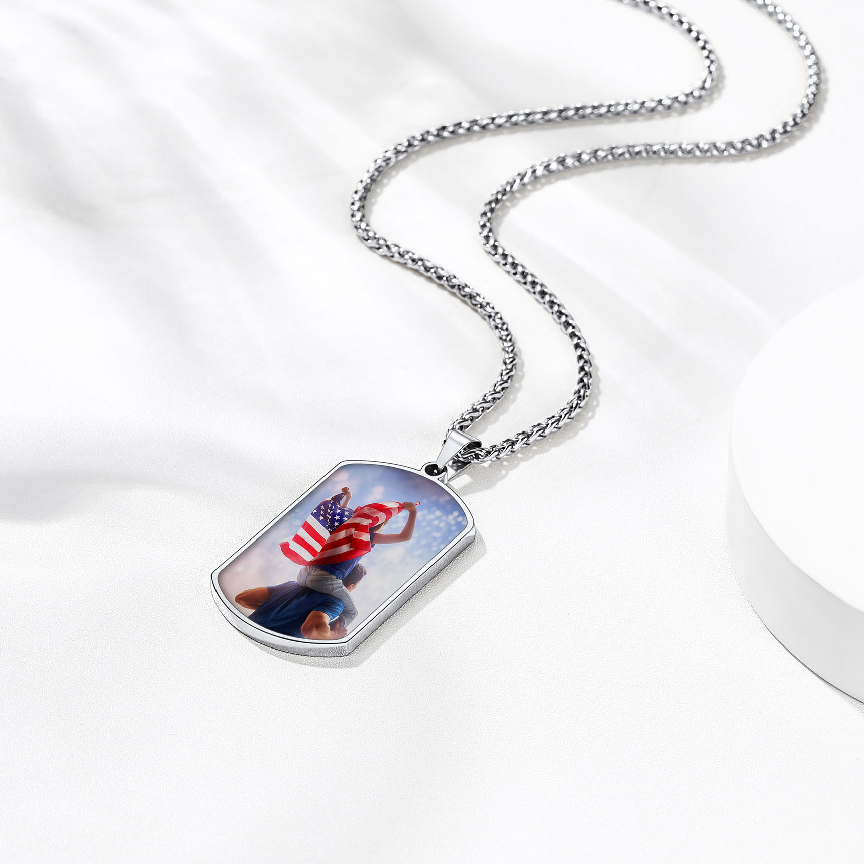 Custom Photo American Flag Patriotic Dog Tag Pendant Necklace for Men occasion silver