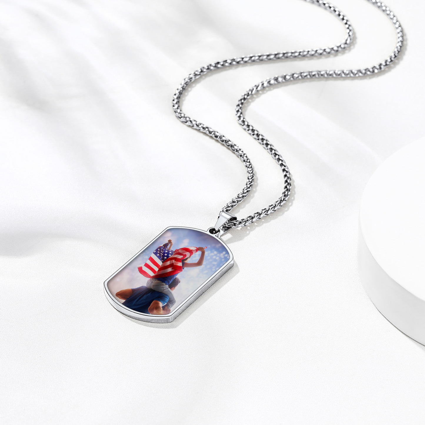 Custom Photo American Flag Patriotic Dog Tag Pendant Necklace for Men occasion silver