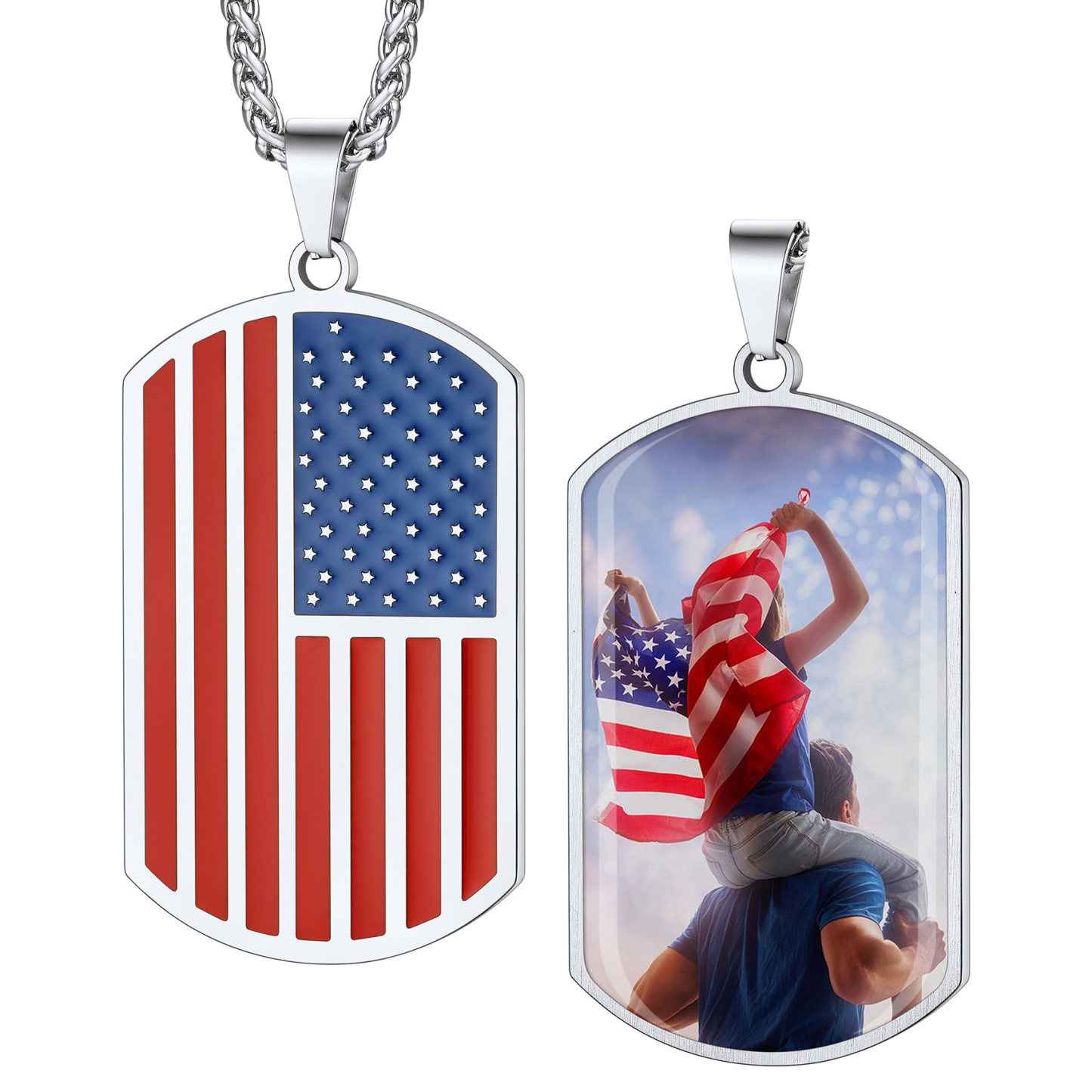 Custom Photo American Flag Patriotic Dog Tag Pendant Necklace for Men silver