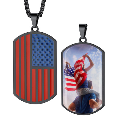 Custom Photo American Flag Patriotic Dog Tag Pendant Necklace for Men black