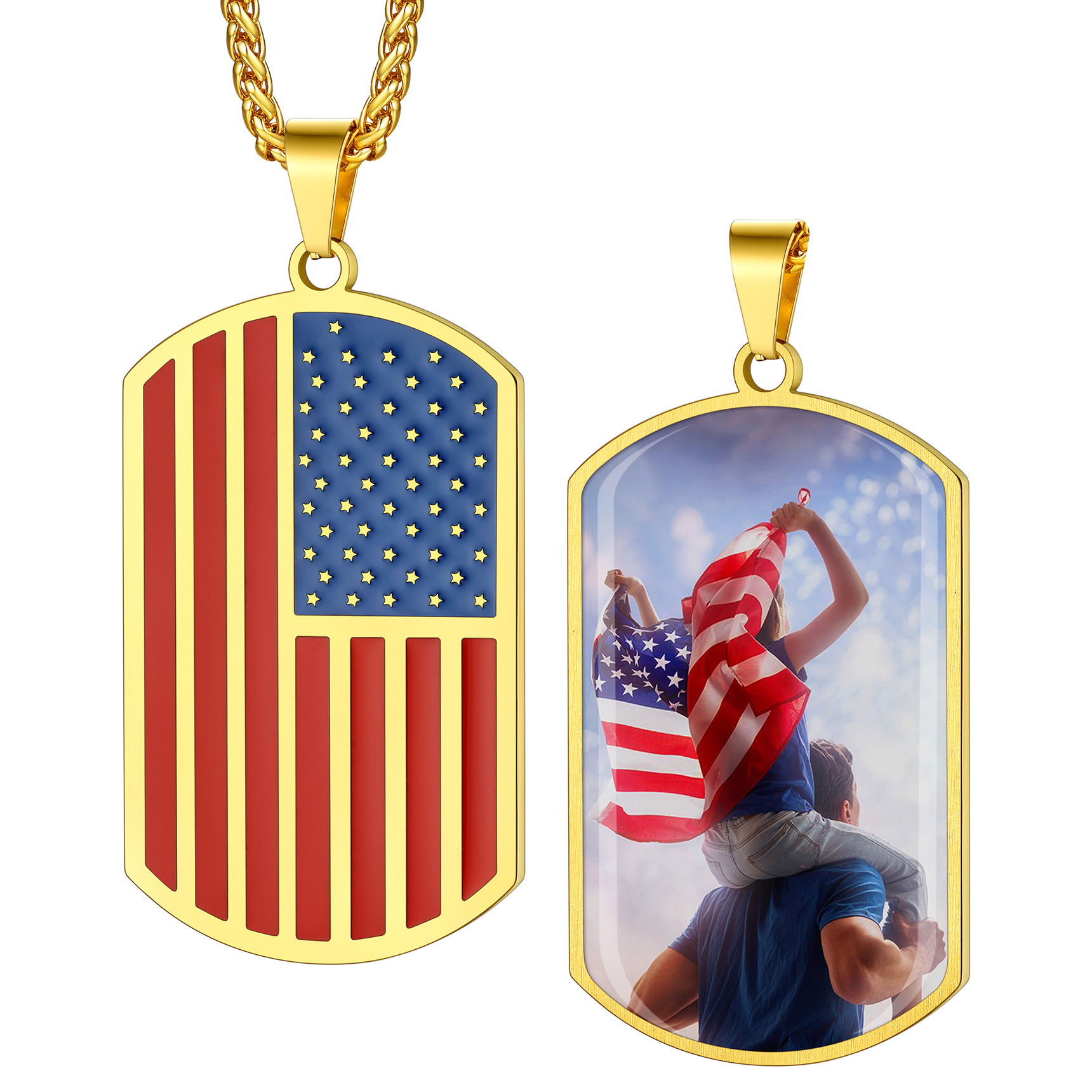 Custom Photo American Flag Patriotic Dog Tag Pendant Necklace for Men gold
