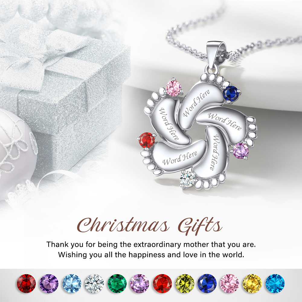 Custom Birthstone Engraved Baby Feet Pendant Necklace for Mom Christmas gift