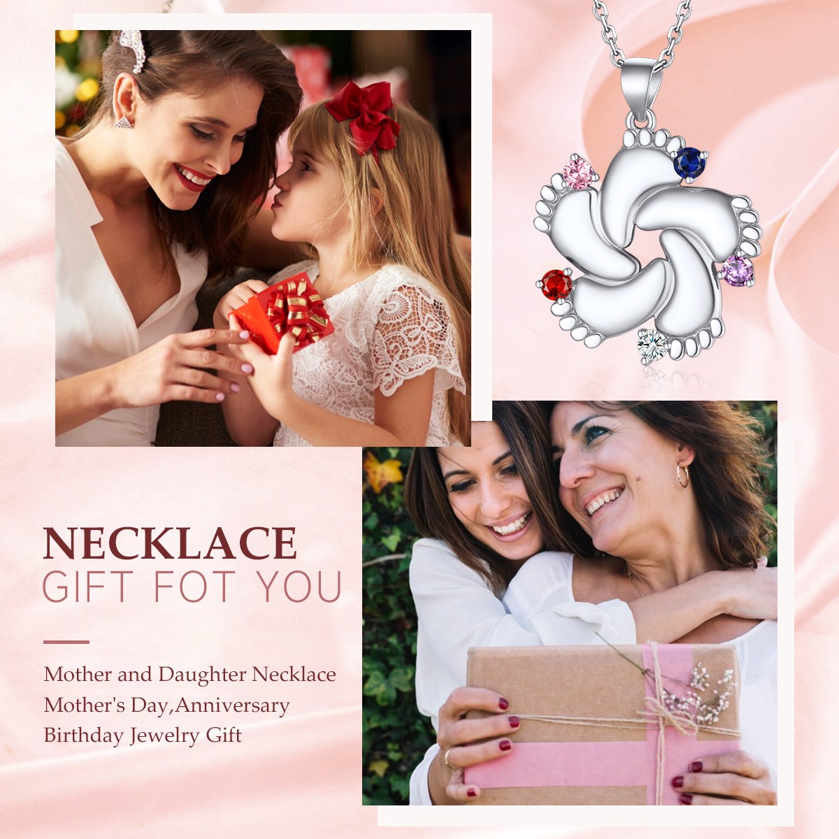 Custom Birthstone Engraved Baby Feet Pendant Necklace for Mother