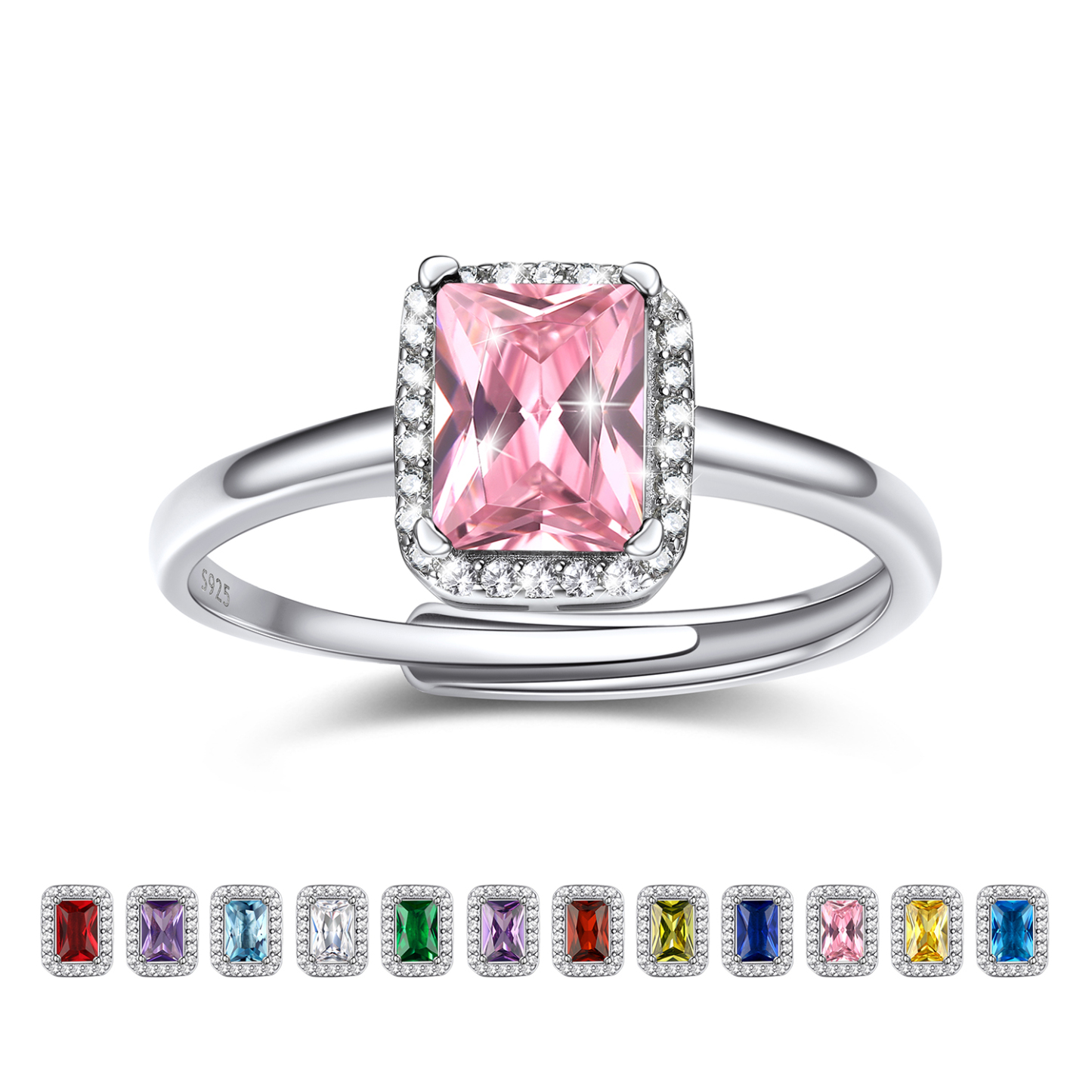 Birthstone Sterling Silver Emerald Cut Promise Ring for Women Oct