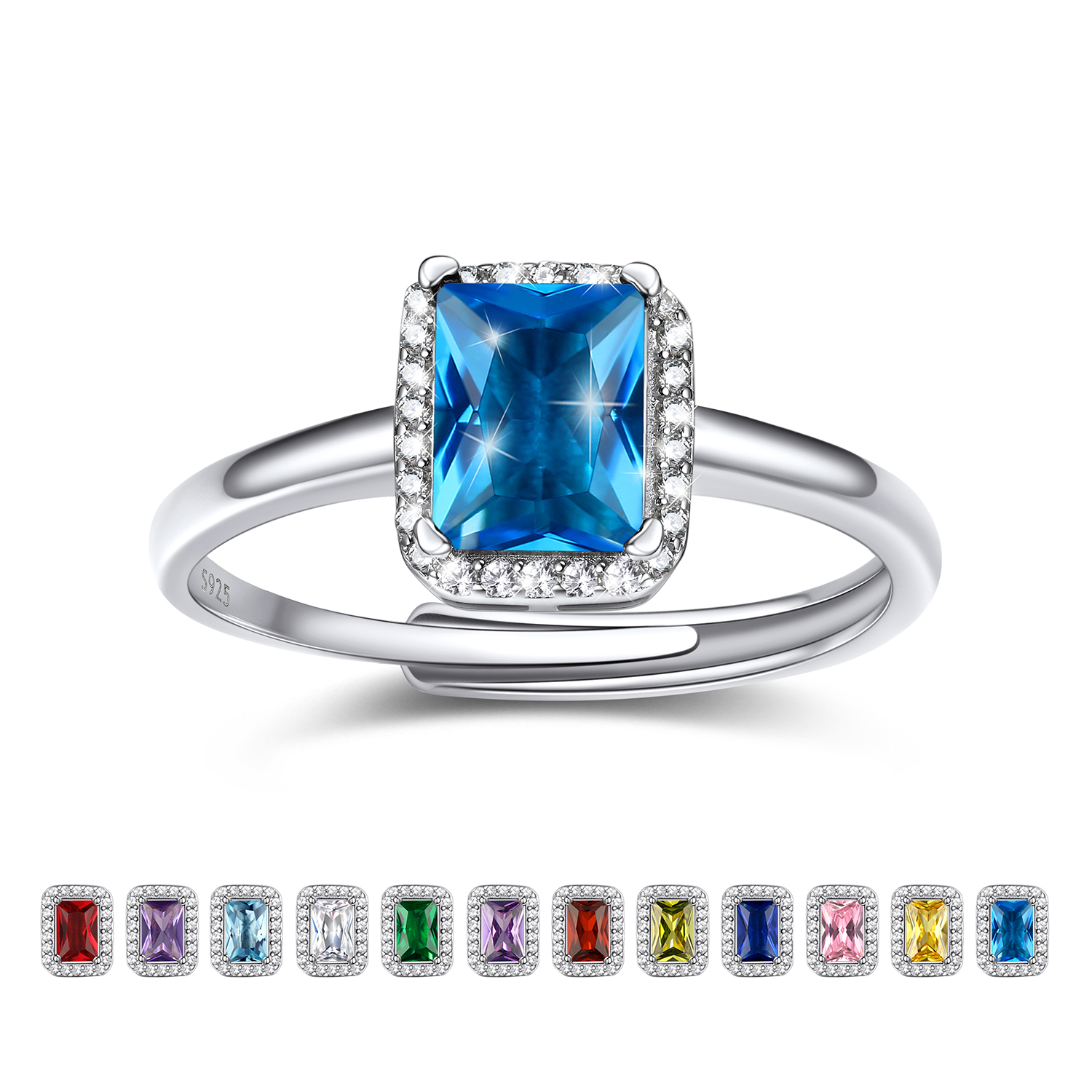 Birthstone Sterling Silver Emerald Cut Promise Ring for Women Dec