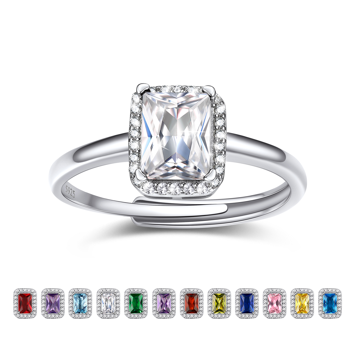 Birthstone Sterling Silver Emerald Cut Promise Ring for Women Apr