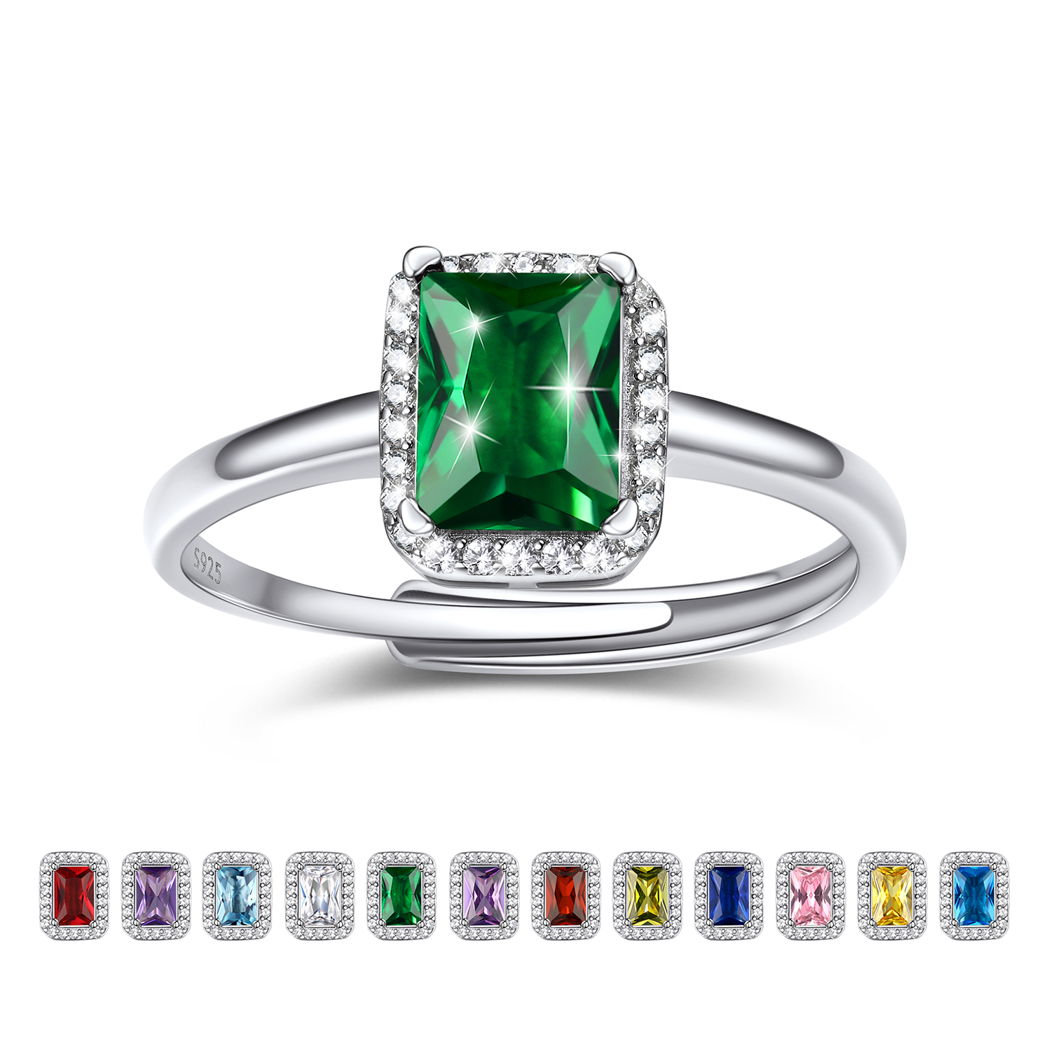 Birthstone Sterling Silver Emerald Cut Promise Ring for Women May