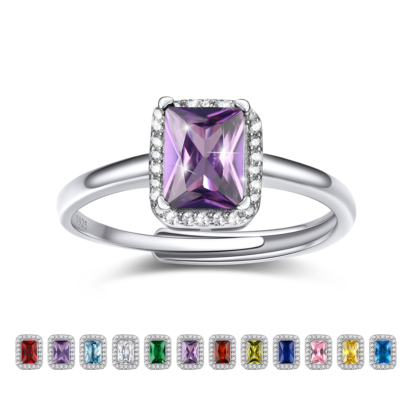 Birthstone Sterling Silver Emerald Cut Promise Ring for Women Jun