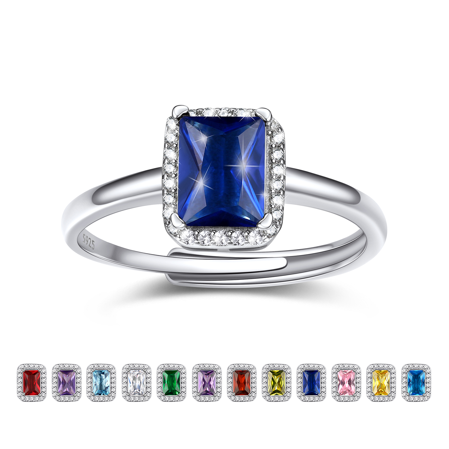 Birthstone Sterling Silver Emerald Cut Promise Ring for Women Sep