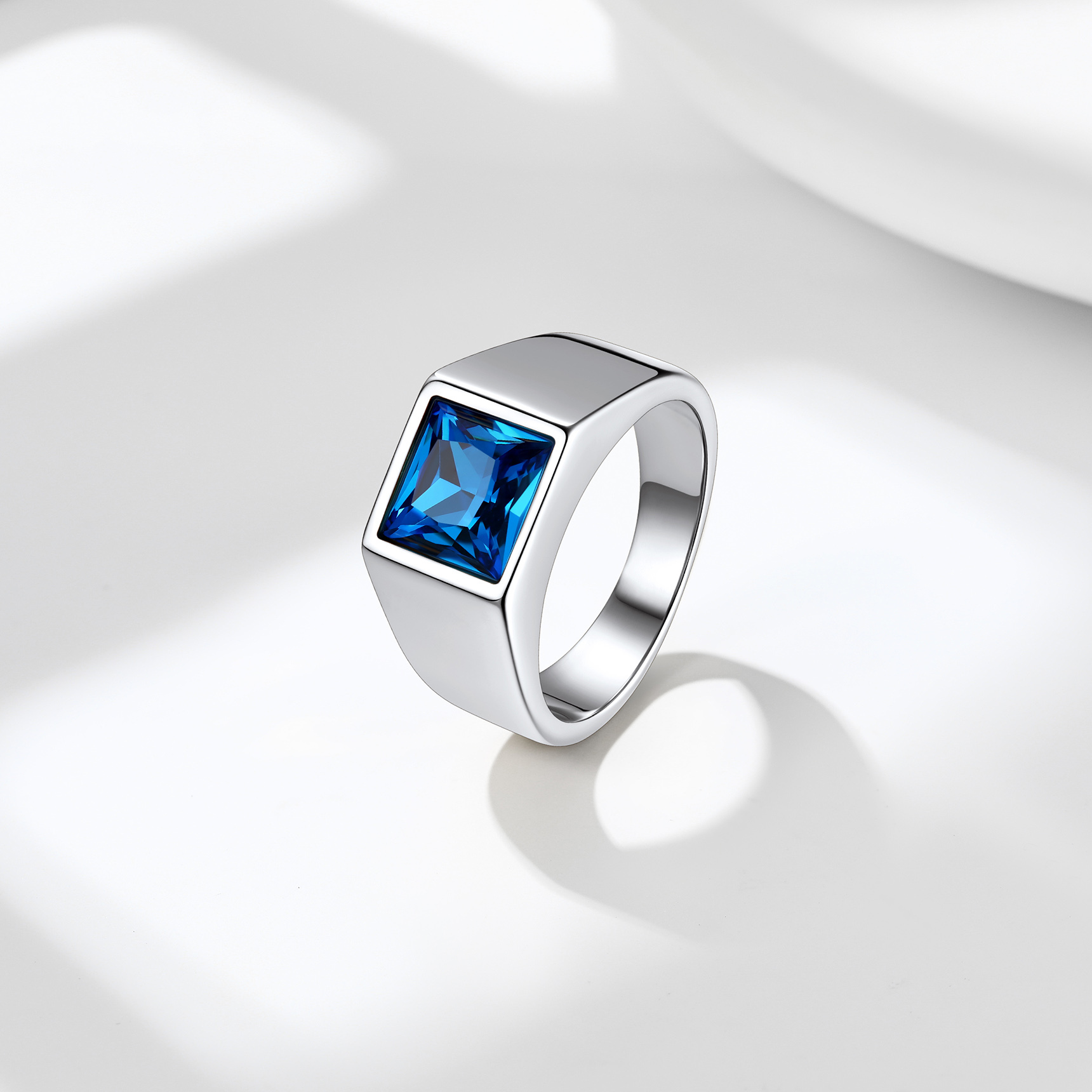 Personalized Square Cut Birthstone Signet Band Ring Silver 