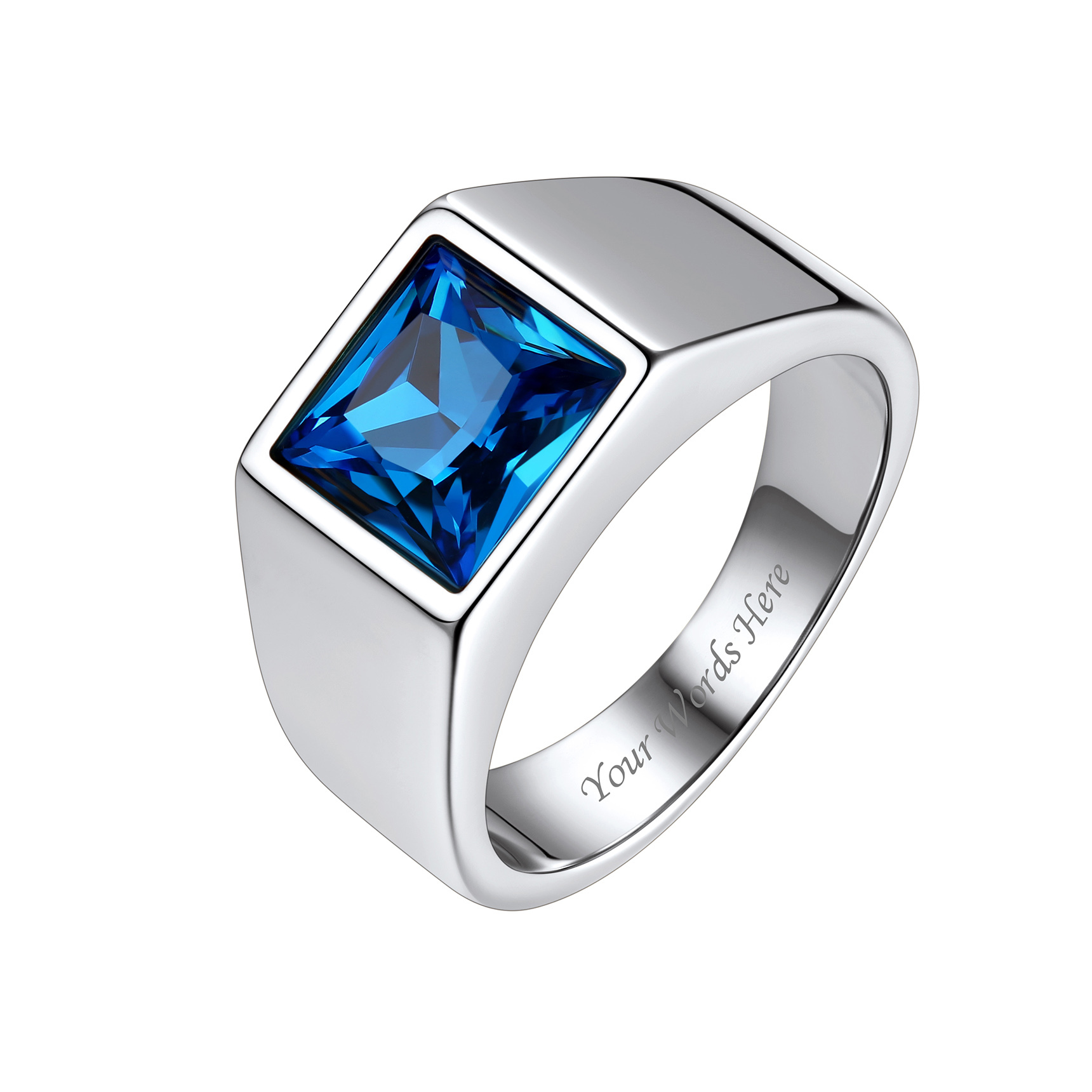 Personalized Square Cut Birthstone Signet Band Ring for Men Silver