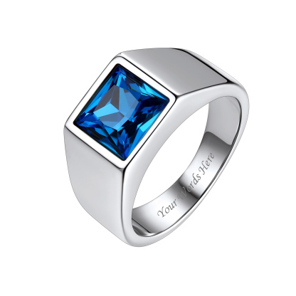Personalized Square Cut Birthstone Signet Band Ring for Men Silver