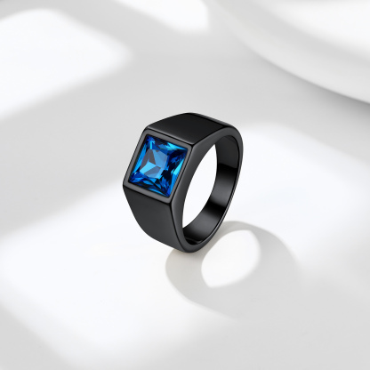 Personalized Birthstone Signet Band Ring for Men Black