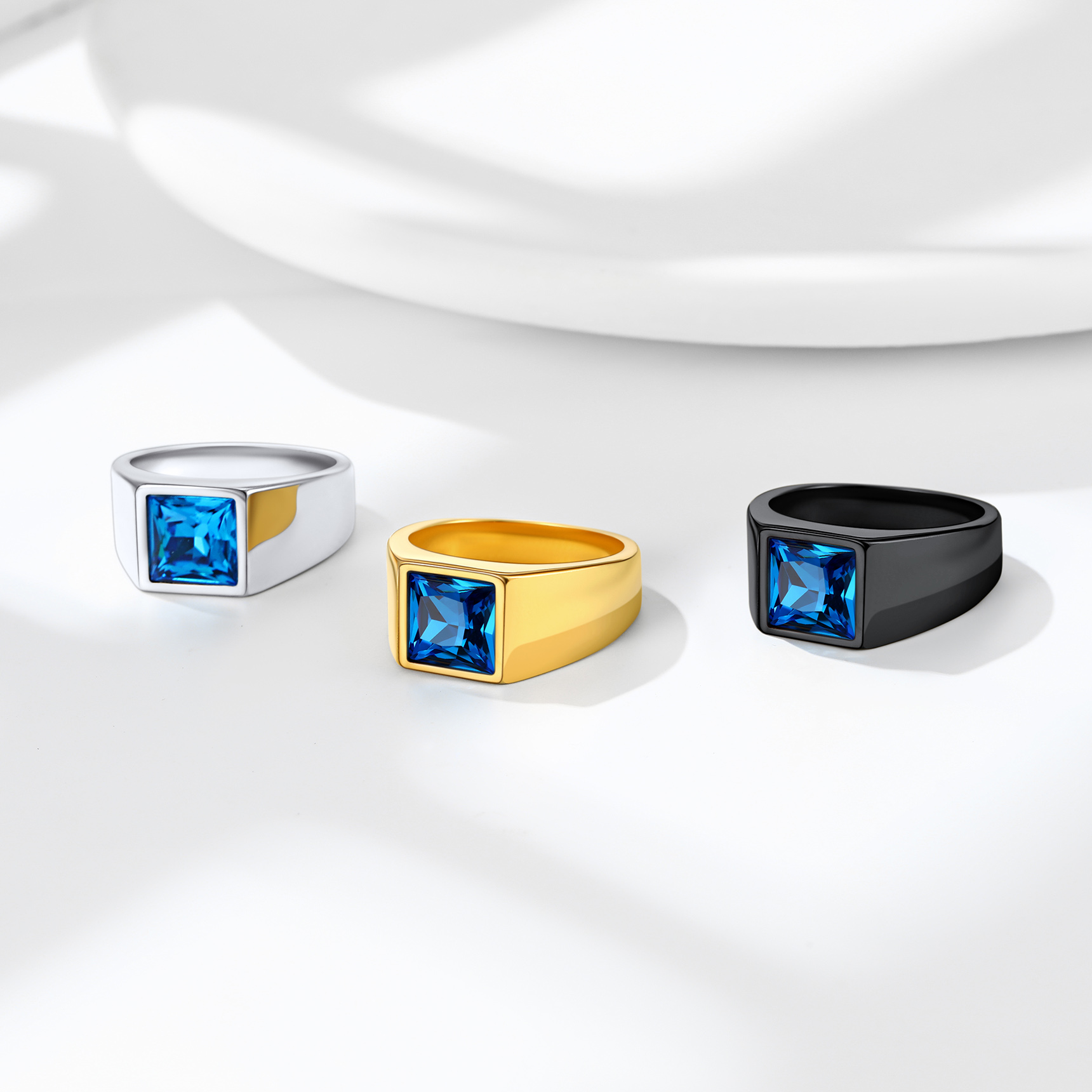 Personalized Square Cut Birthstone Signet Band Ring Collection