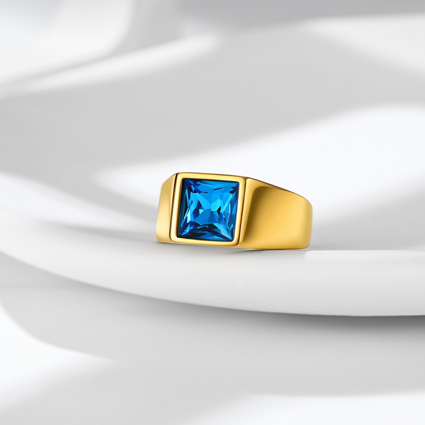 Personalized Square Cut Birthstone Signet Band Ring Gold