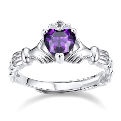 Birthstone Sterling Silver Heart Claddagh Adjustable Ring