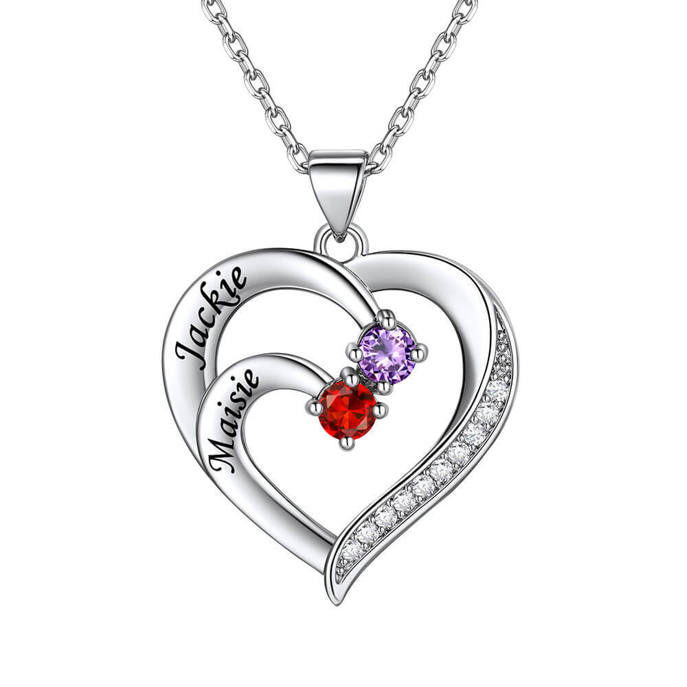Personalized Heart 2 Birthstones Necklace with Engraved Name Valentine's Day Gift for Women