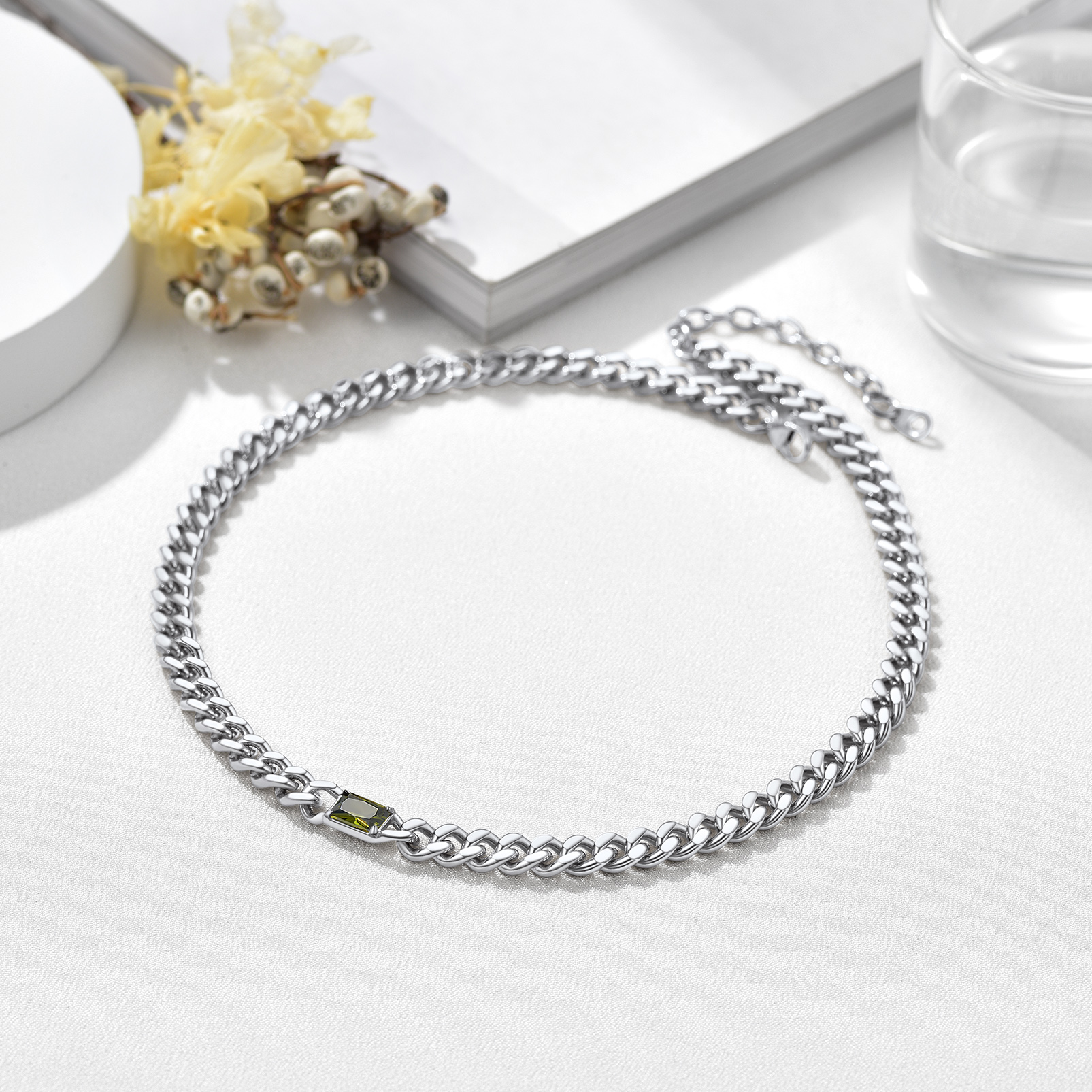 Birthstone Cuban Link Choker Necklace 7MM Silver 