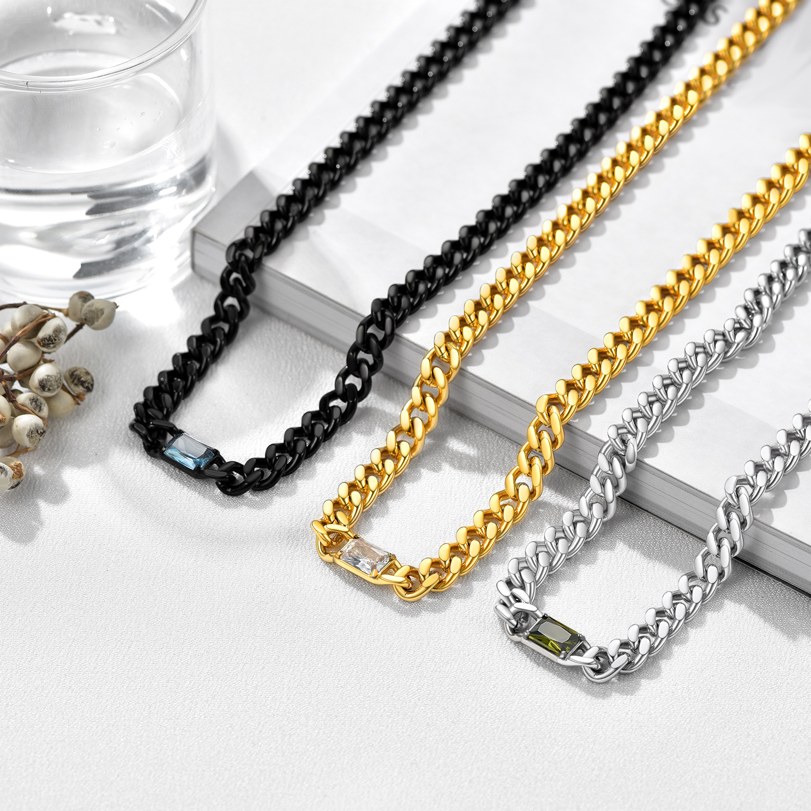 Birthstone Cuban Link Choker Necklace 7MM 3 Colors