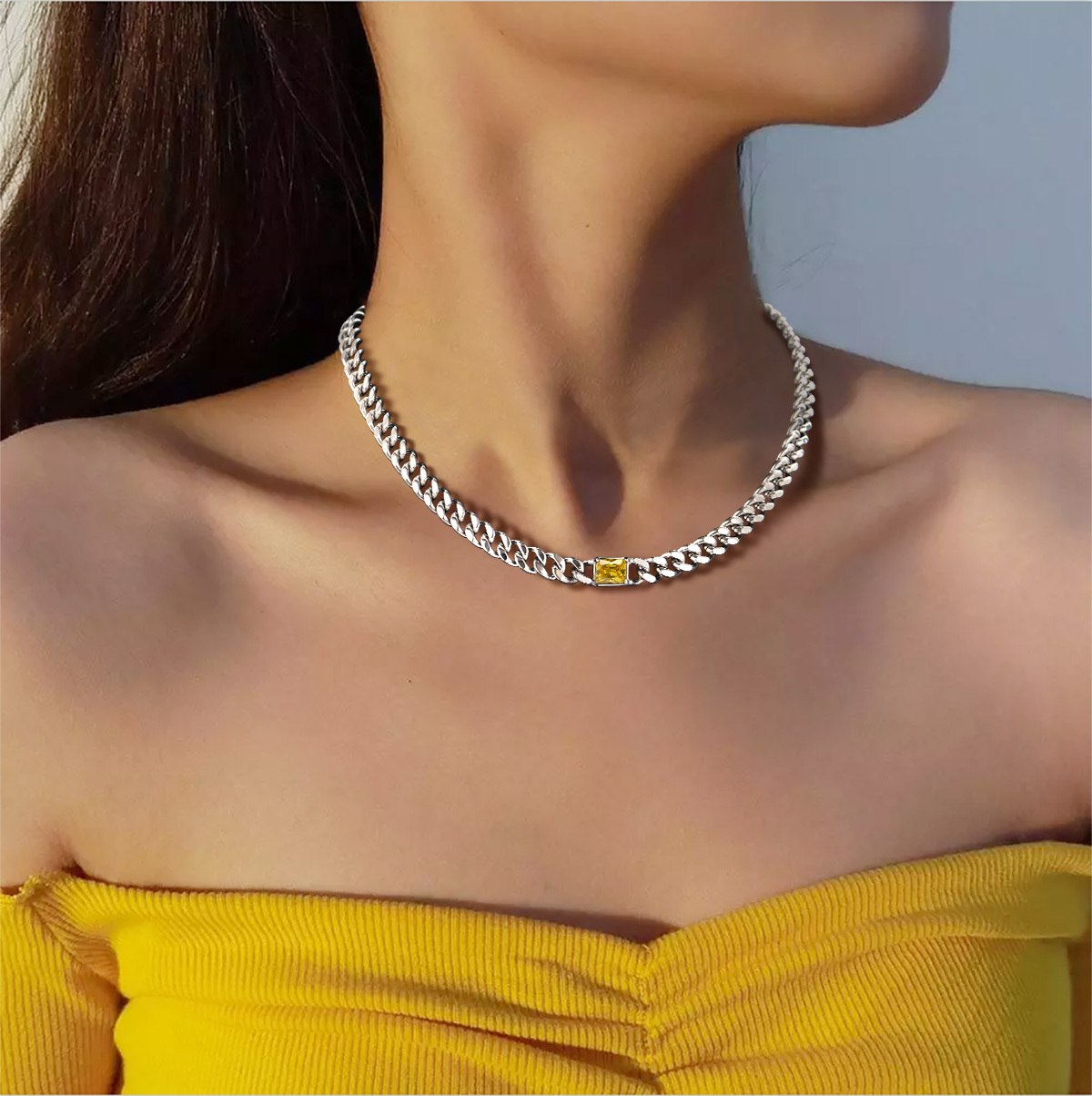 Birthstone Cuban Link Choker Necklace 7MM  for women