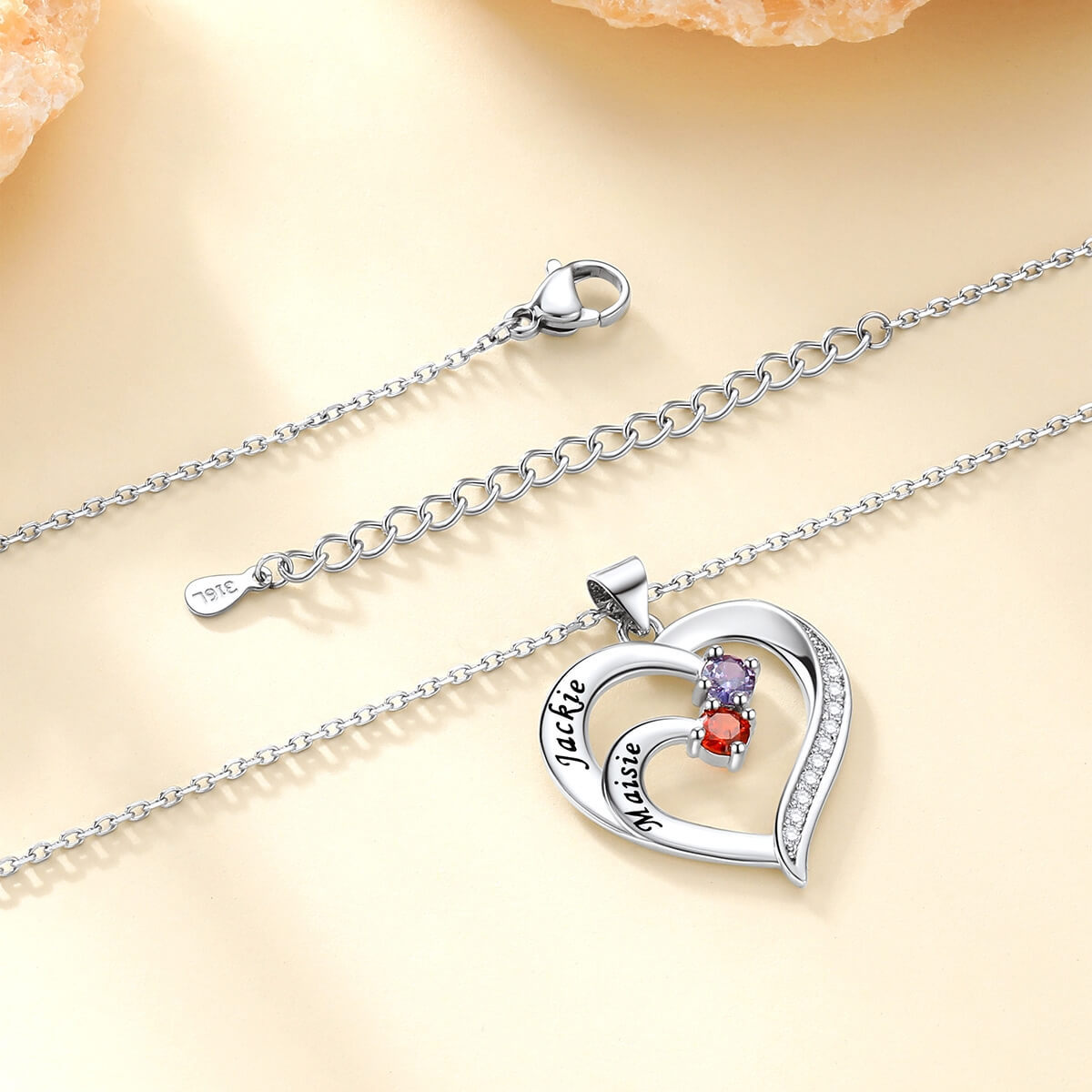 Heart Family Name Birthstone Necklace for Mom