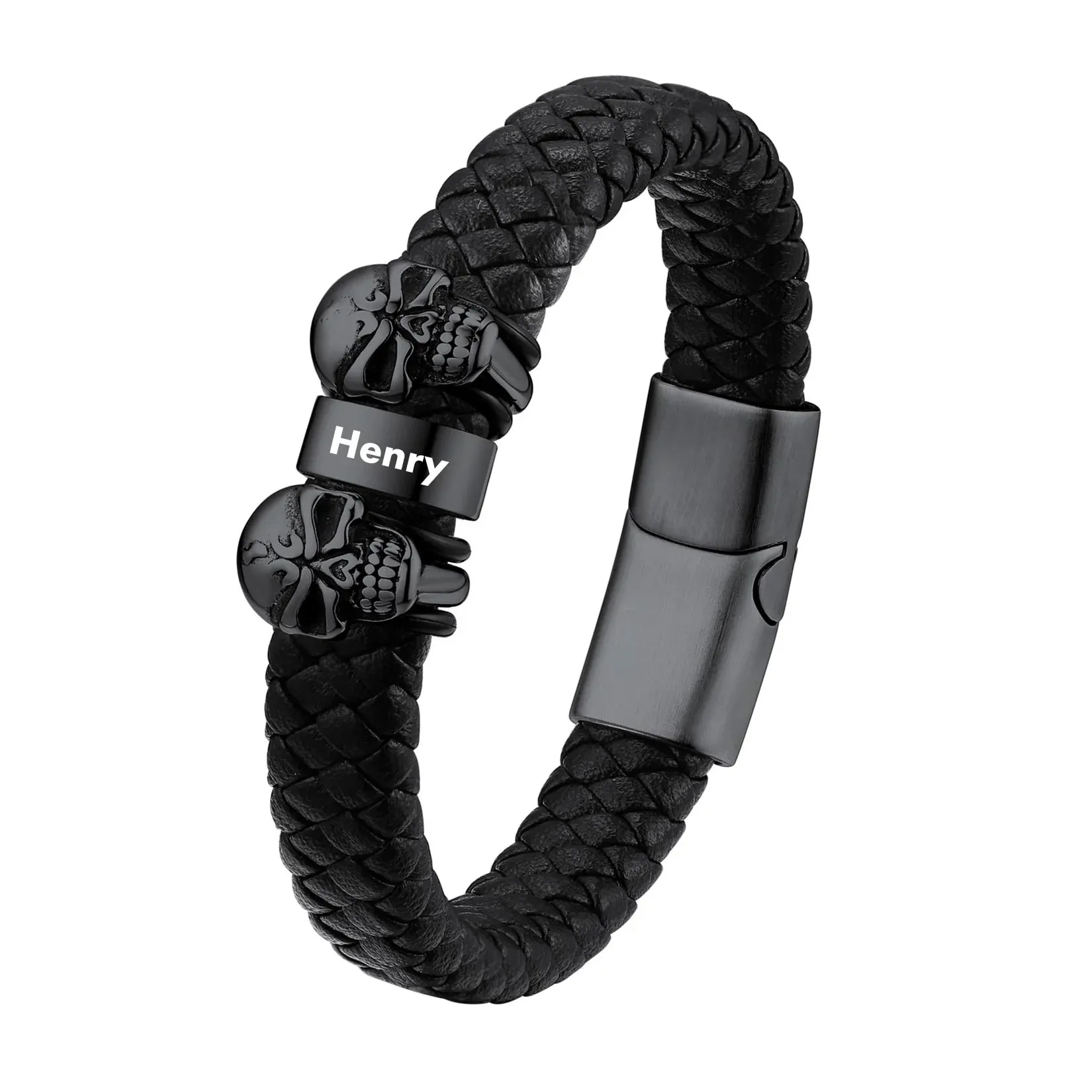 Bracelet Homme Crâne en Cuir Personnalisé avec Noms Gravés