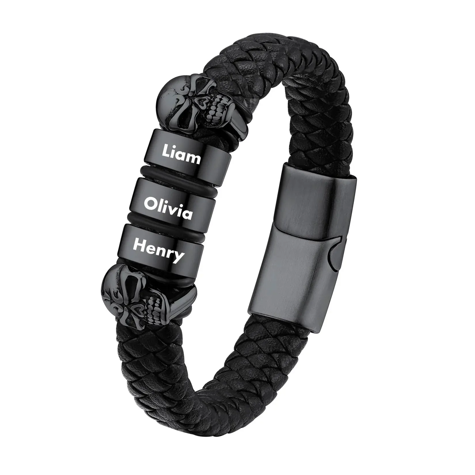 Bracelet Homme Crâne en Cuir Personnalisé avec Noms Gravés