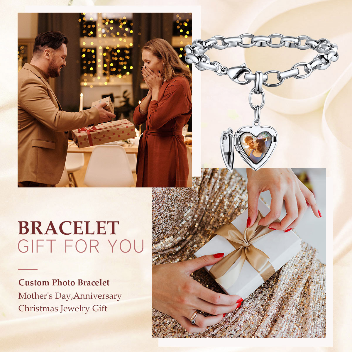 Custom Photo Personalized Engraved Heart Charm Bracelet  gift for you