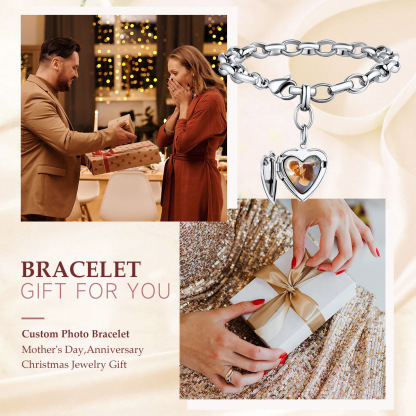 Custom Photo Personalized Engraved Heart Charm Bracelet  gift for you
