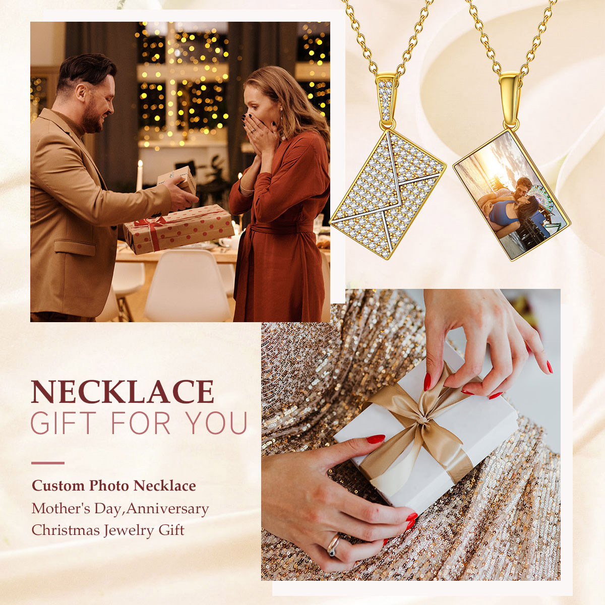 Custom Photo Necklaces for Women Envelope Pendant with Zirconia Stone gift