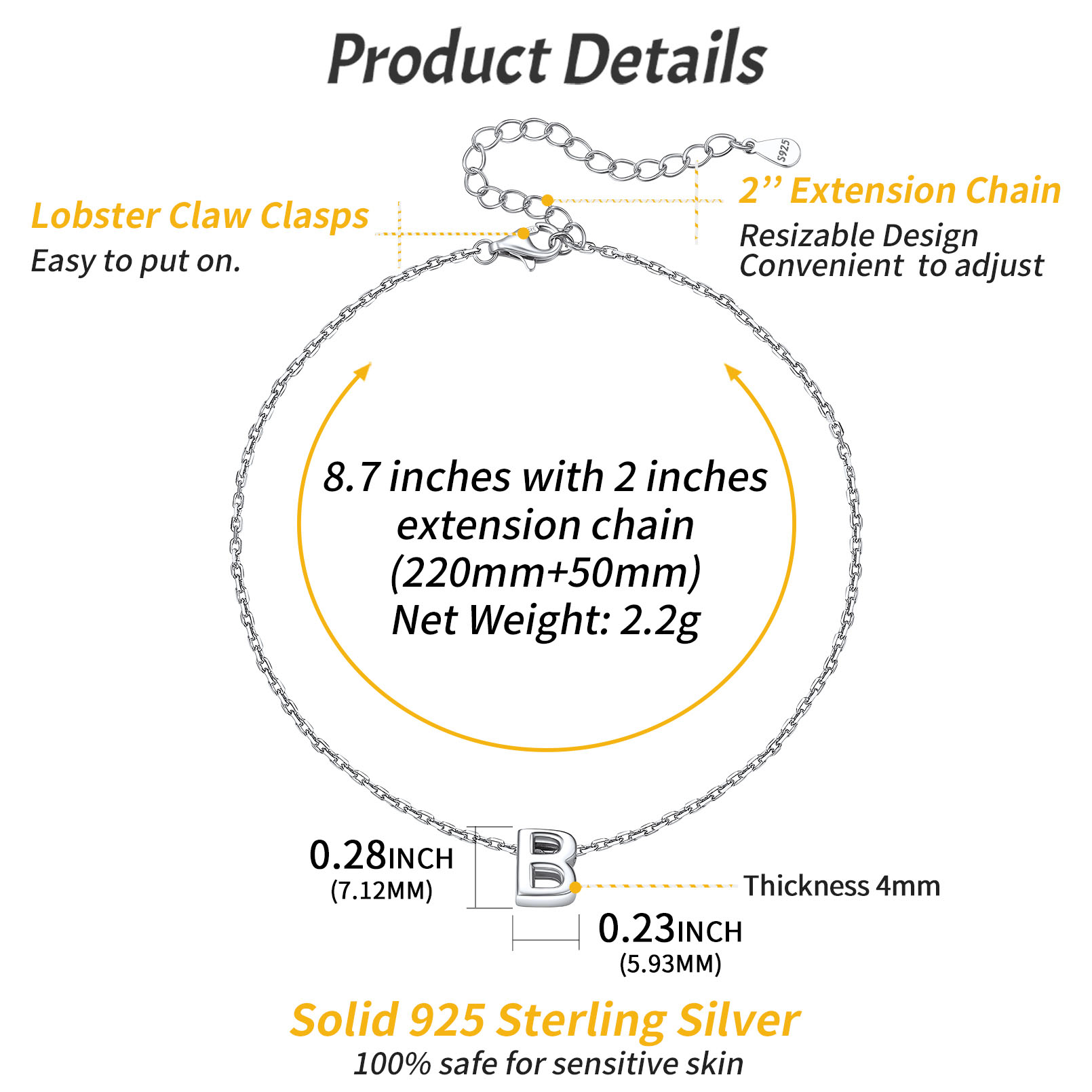 925 Sterling Silver Letter Initial Anklets for Women detail