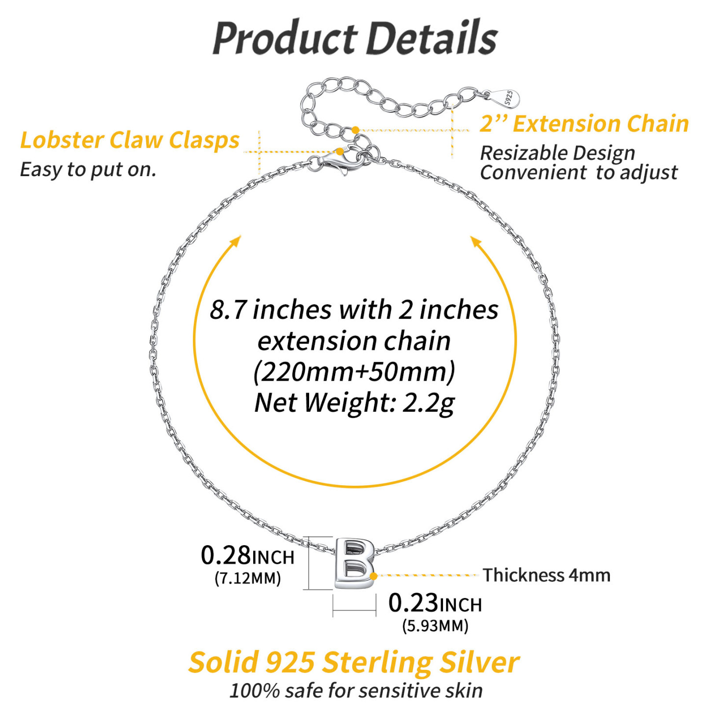 925 Sterling Silver Letter Initial Anklets for Women detail