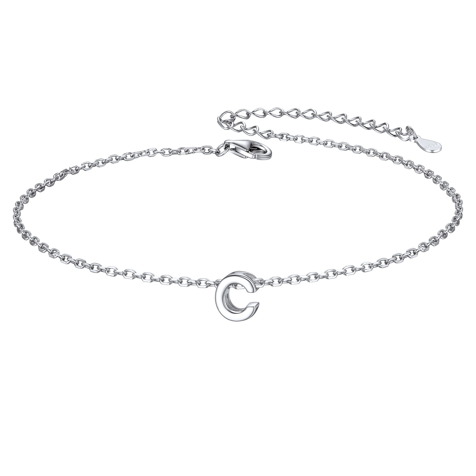 925 Sterling Silver Letter Initial Anklets for Women C