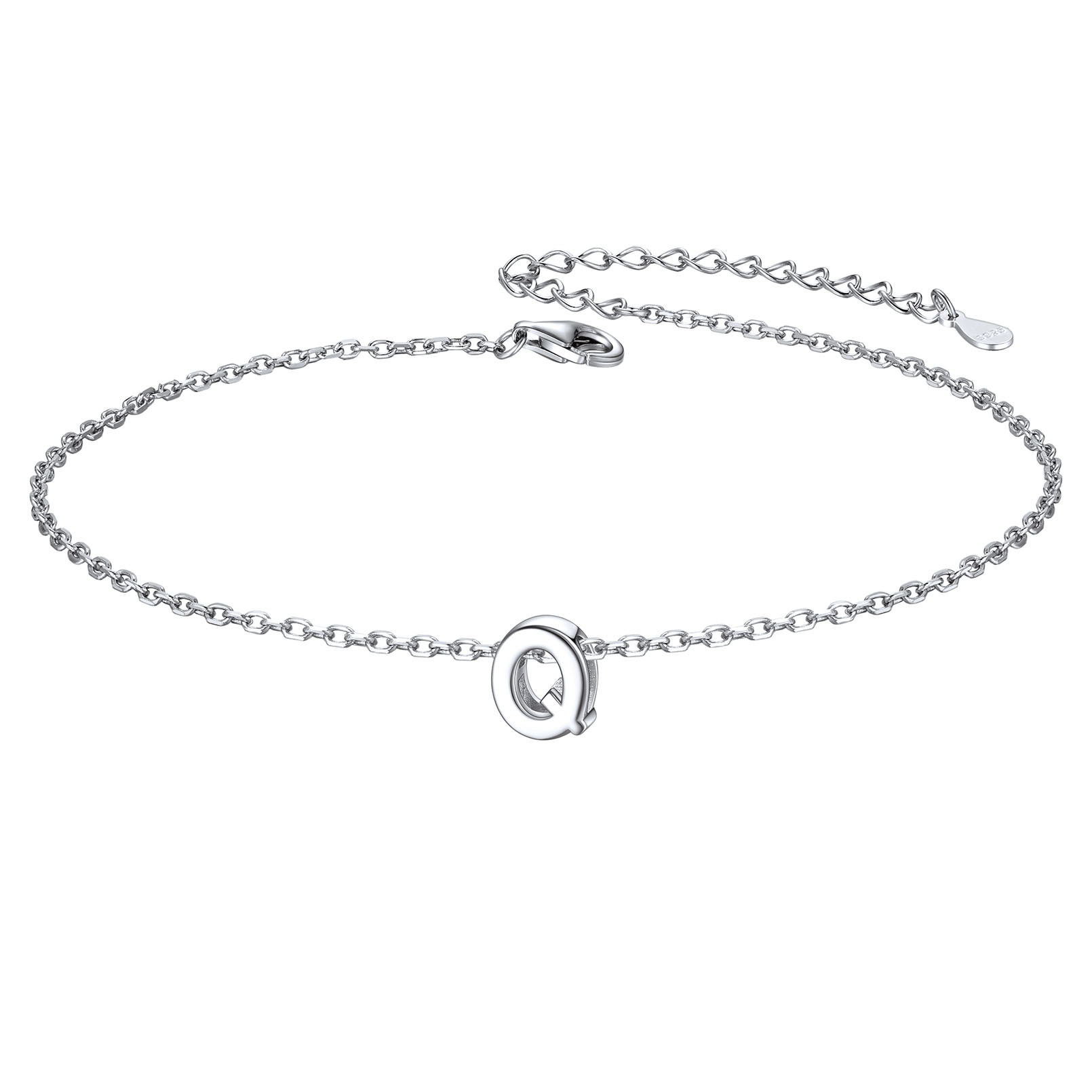 925 Sterling Silver Letter Initial Anklets for Women Q