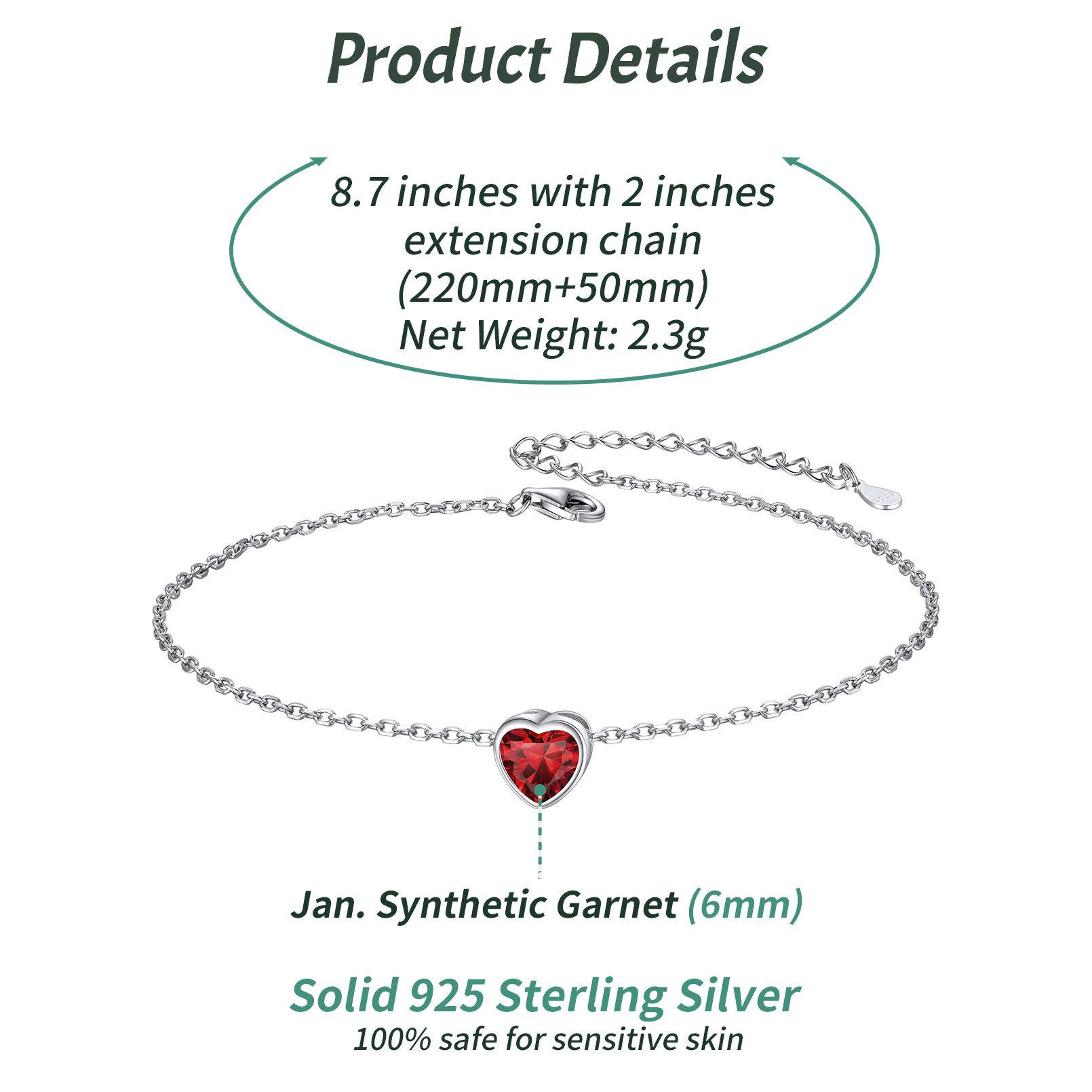 925 Sterling Silver Heart Birthstone Adjustable Anklets For Women SIZE